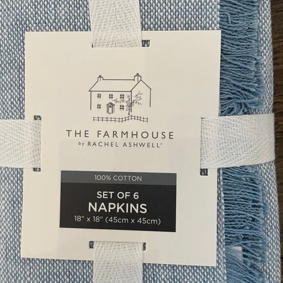 RACHEL ASHWELL The Farmhouse Blue Raw Edge 18 X 18 Cloth Napkins Set 6 NEW - Picture 5 of 9
